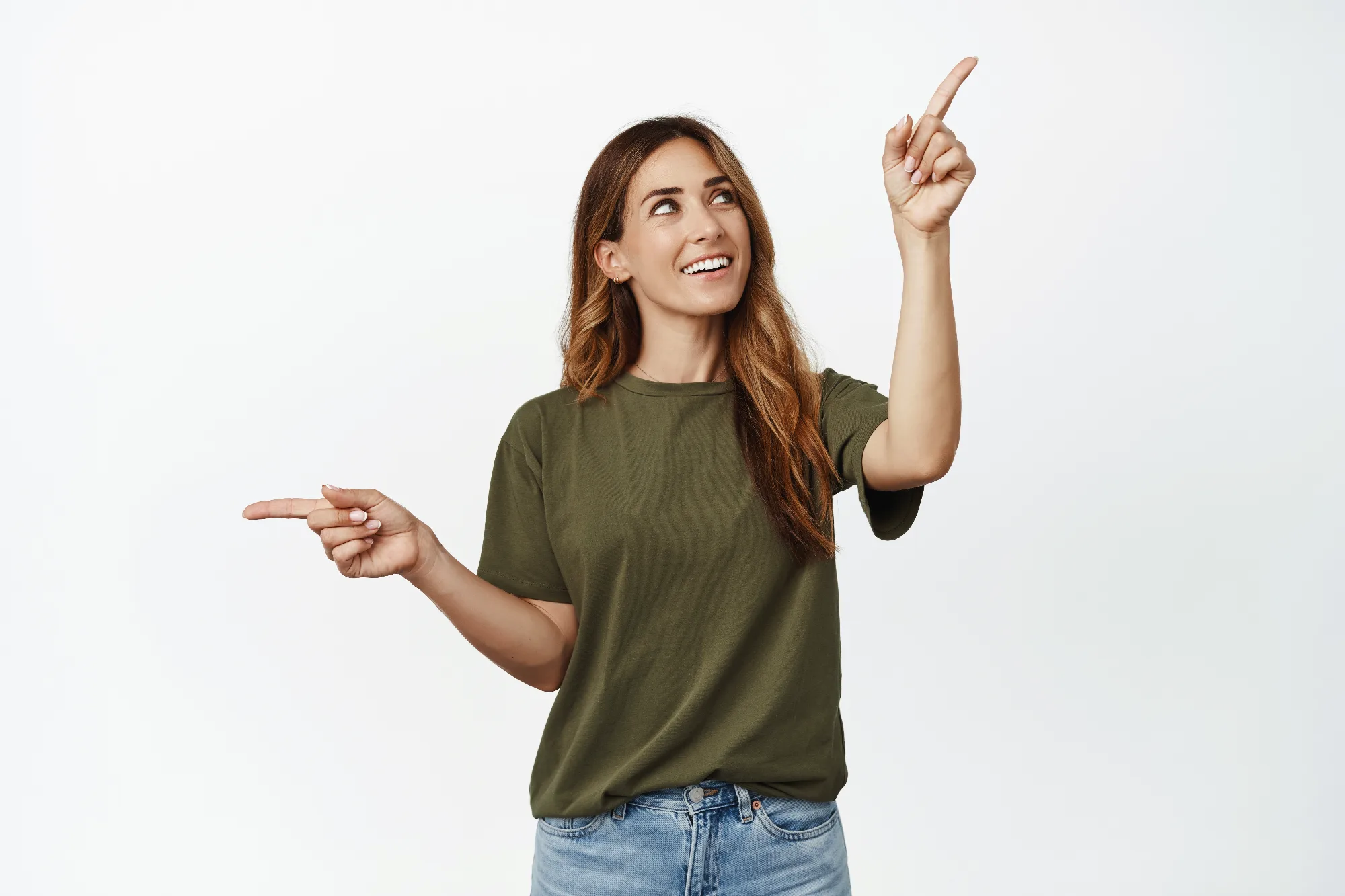 happy-brunette-woman-thinking-making-choice-looking-upper-right-corner-smiling-thoughtful